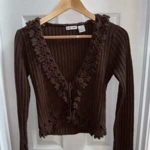 Y2K Fairy core Ruffle Cardigan Tie Close Chocolate Brown M Coquette Feminine